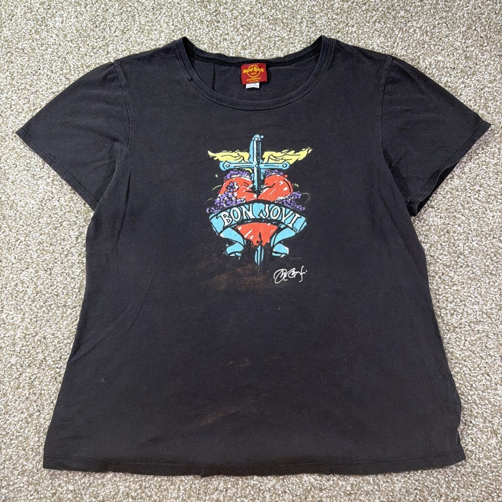 Hard Rock Cafe T-Shirt Top Women's Size Large L Bon Jovi Short Sleeve Black